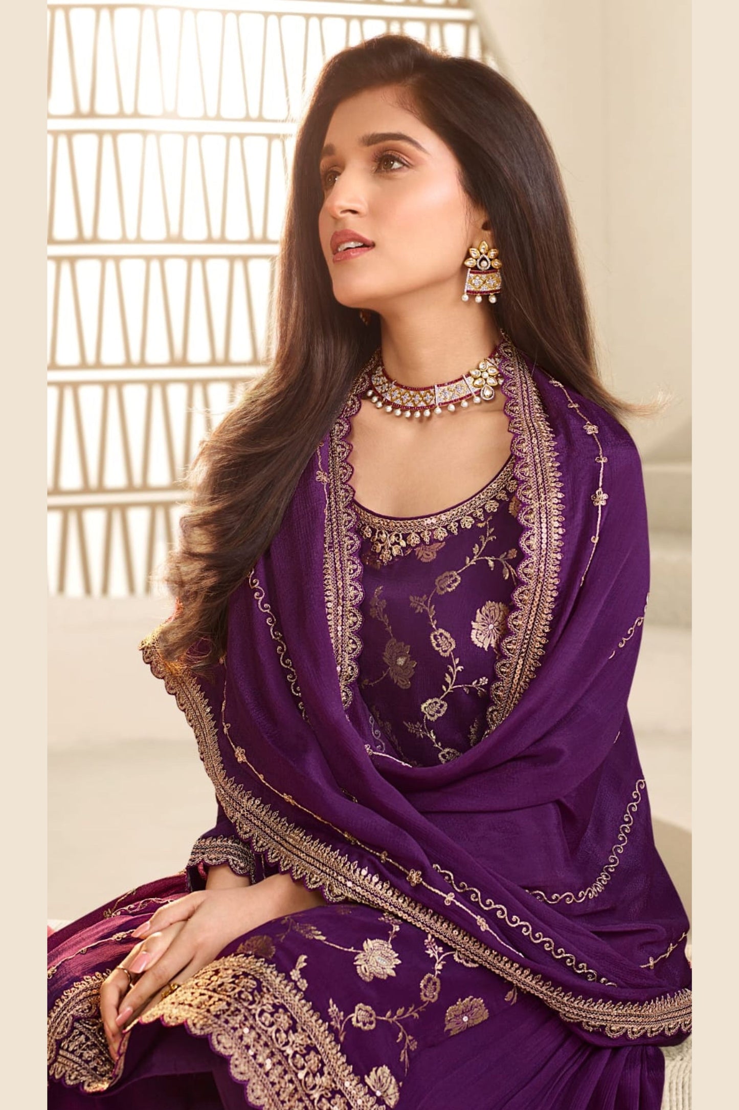 Purple Jacquard Silk Palazzo Suit For Indian Festivals & Pakistani Plazo Weddings Dress - Embroidery Work