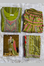 Olive Chinon Silk Kameez with Dhoti For Indian Festivals & Weddings - Embroidery Work, Print Work, Mirror Work