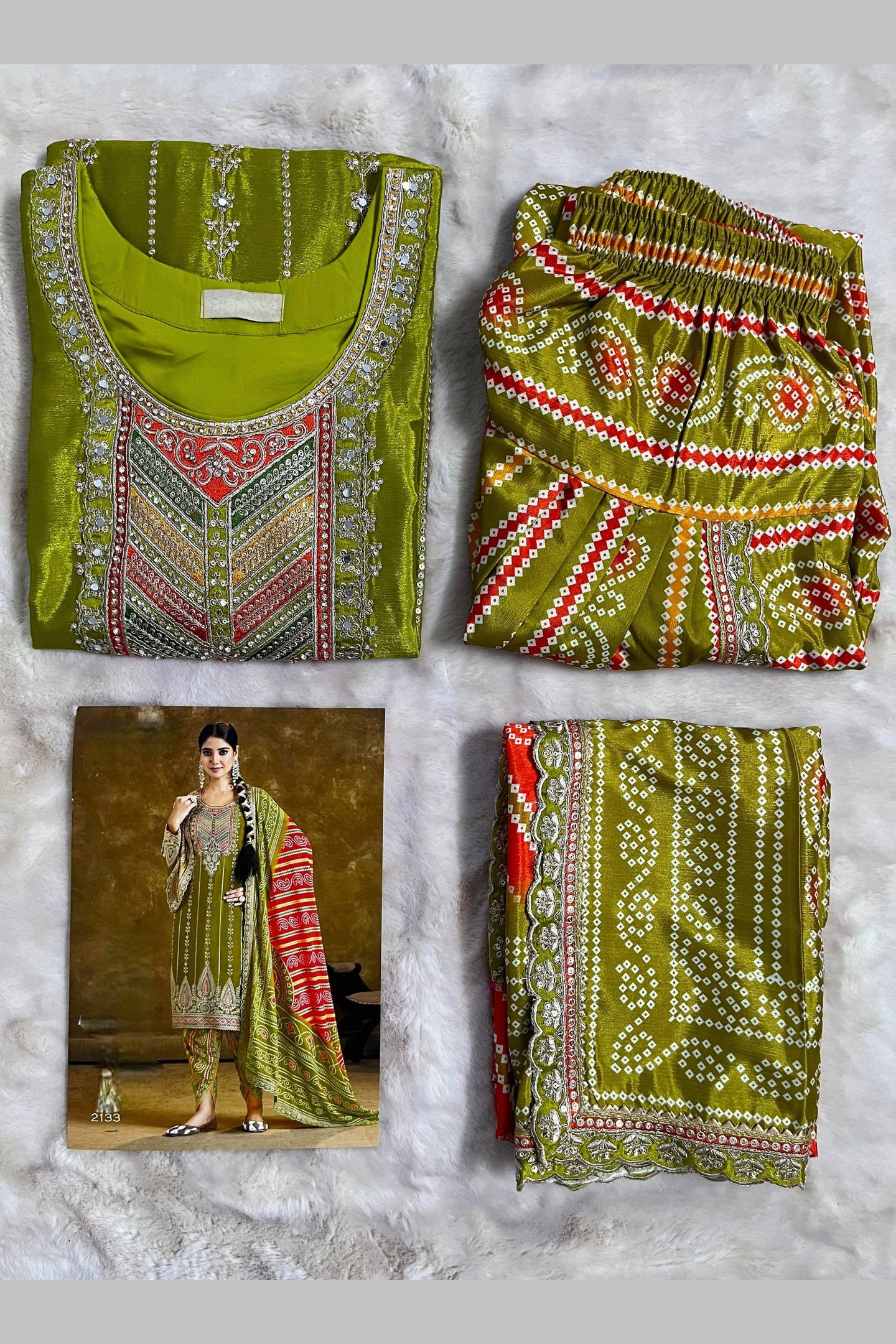 Olive Chinon Silk Kameez with Dhoti For Indian Festivals & Weddings - Embroidery Work, Print Work, Mirror Work