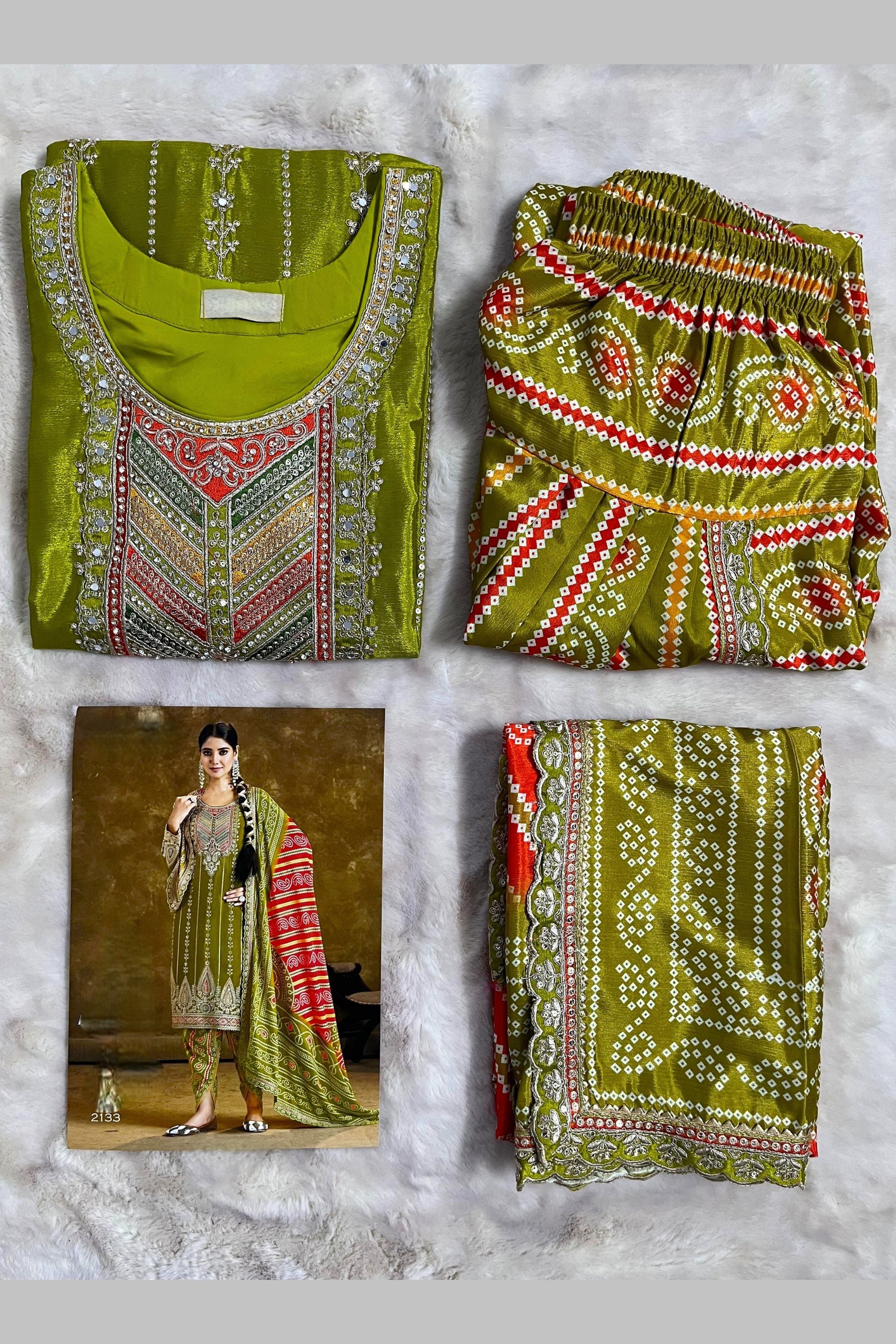 Olive Chinon Silk Kameez with Dhoti For Indian Festivals & Weddings - Embroidery Work, Print Work, Mirror Work