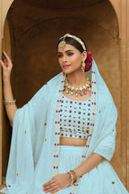 Sky Blue Georgette Floral Embroidered Lehengas Choli For Indian Festivals & Weddings - Thread Work, Sequence Embroidery Work