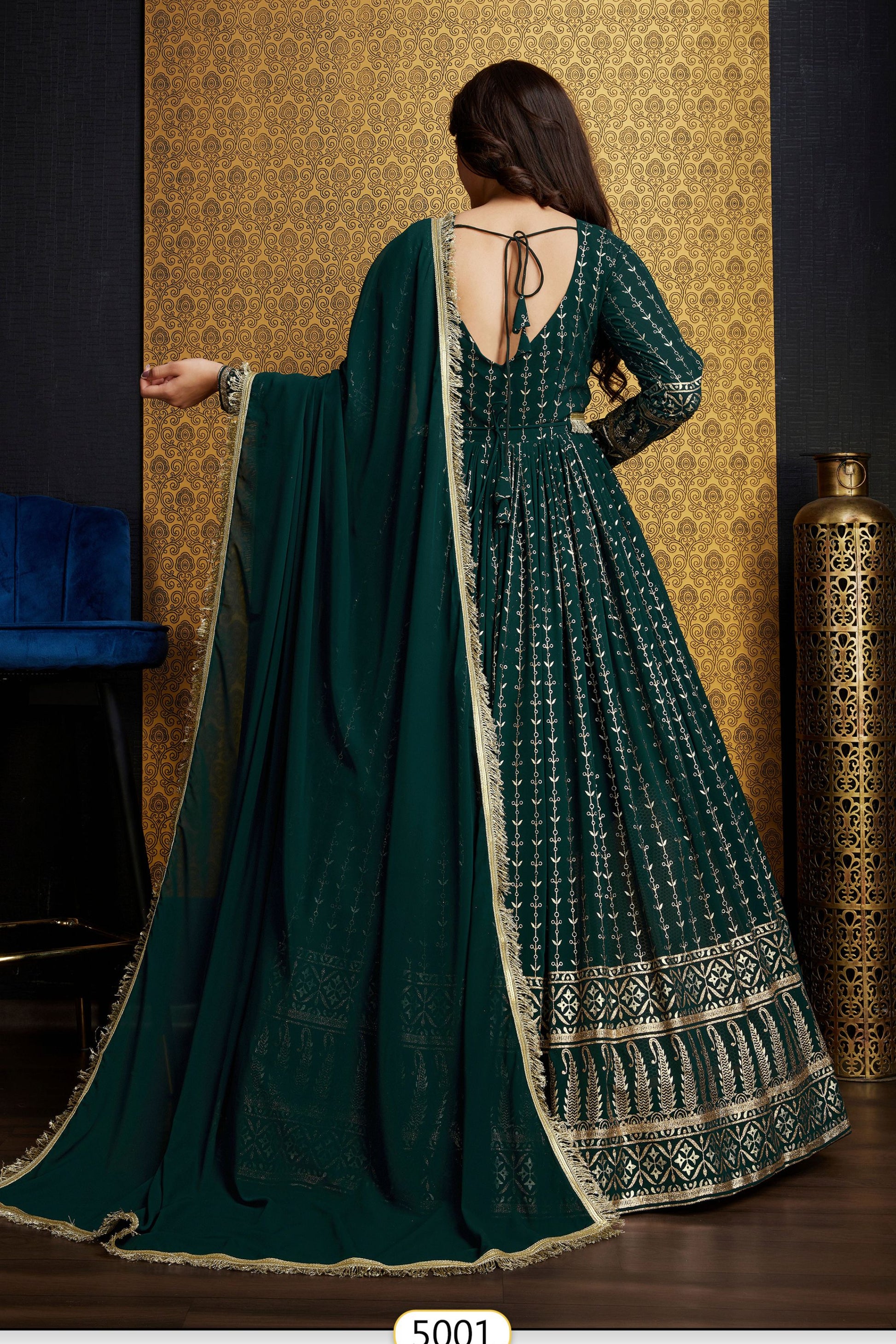 Green Georgette Anarkali Suit For Indian Festivals & Weddings - Metallic Foil Work