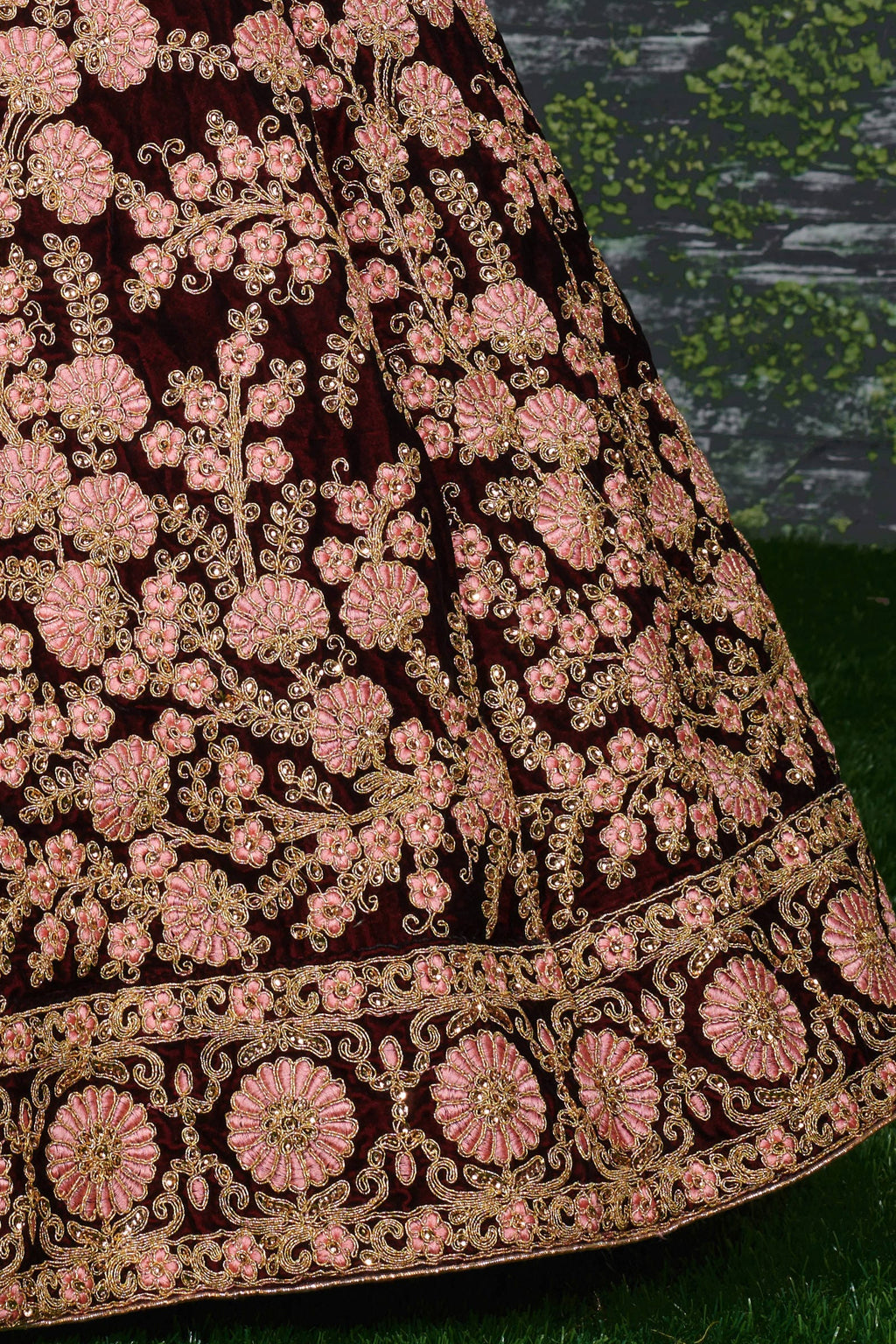 Maroon Velvet Lehenga Choli For Indian & Pakistani Wedding Festival - Sequins & Thread Embroidery Work, Dori Work