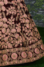 Maroon Velvet Lehenga Choli For Indian & Pakistani Wedding Festival - Sequins & Thread Embroidery Work, Dori Work