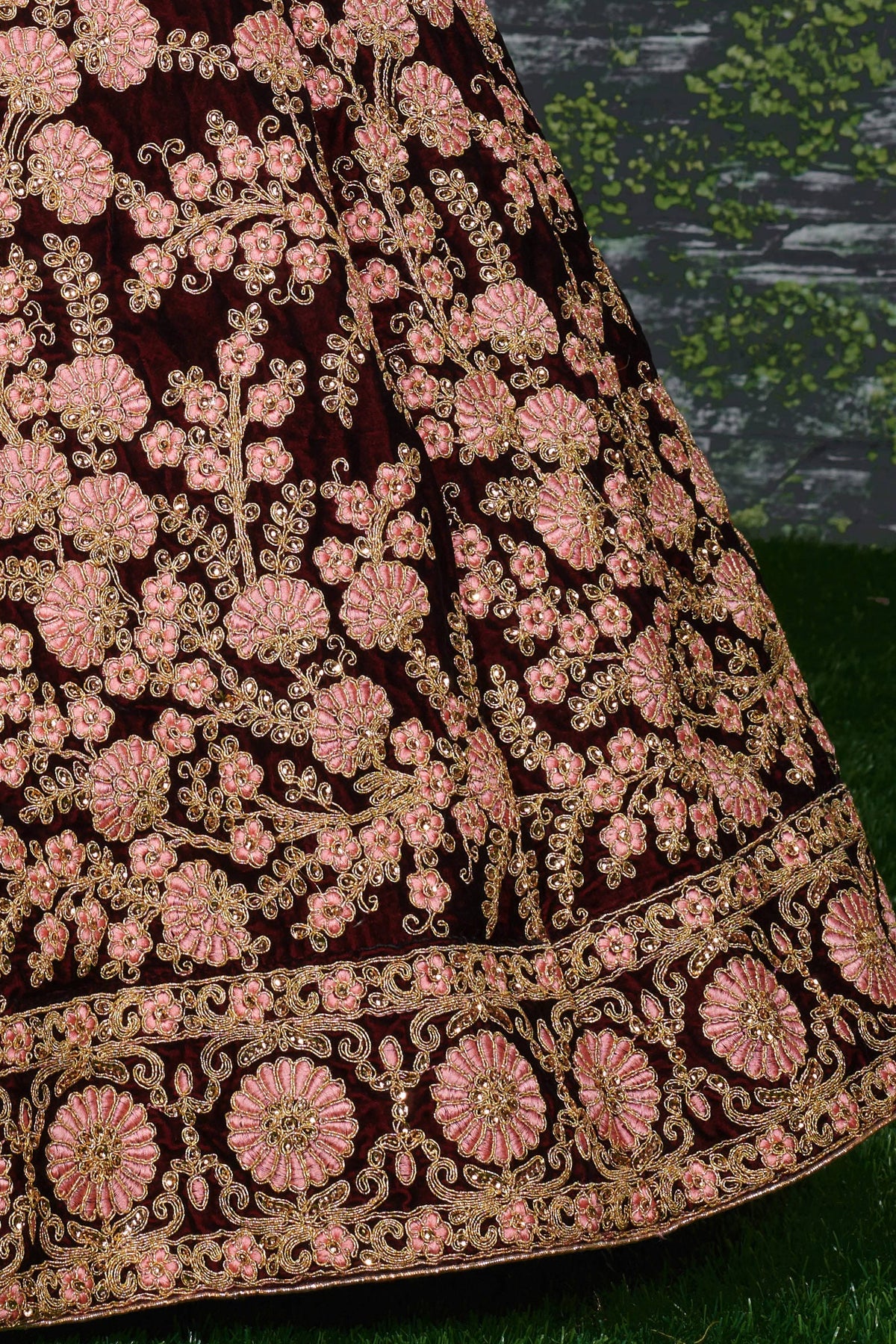 Maroon Velvet Lehenga Choli For Indian & Pakistani Wedding Festival - Sequins & Thread Embroidery Work, Dori Work