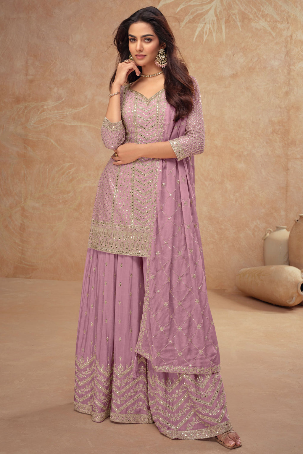 Dusty Pink Chinon Silk Plazo Suit For Indian Weddings & Pakitani Festival - Embroidery Work