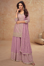Dusty Pink Chinon Silk Plazo Suit For Indian Weddings & Pakitani Festival - Embroidery Work
