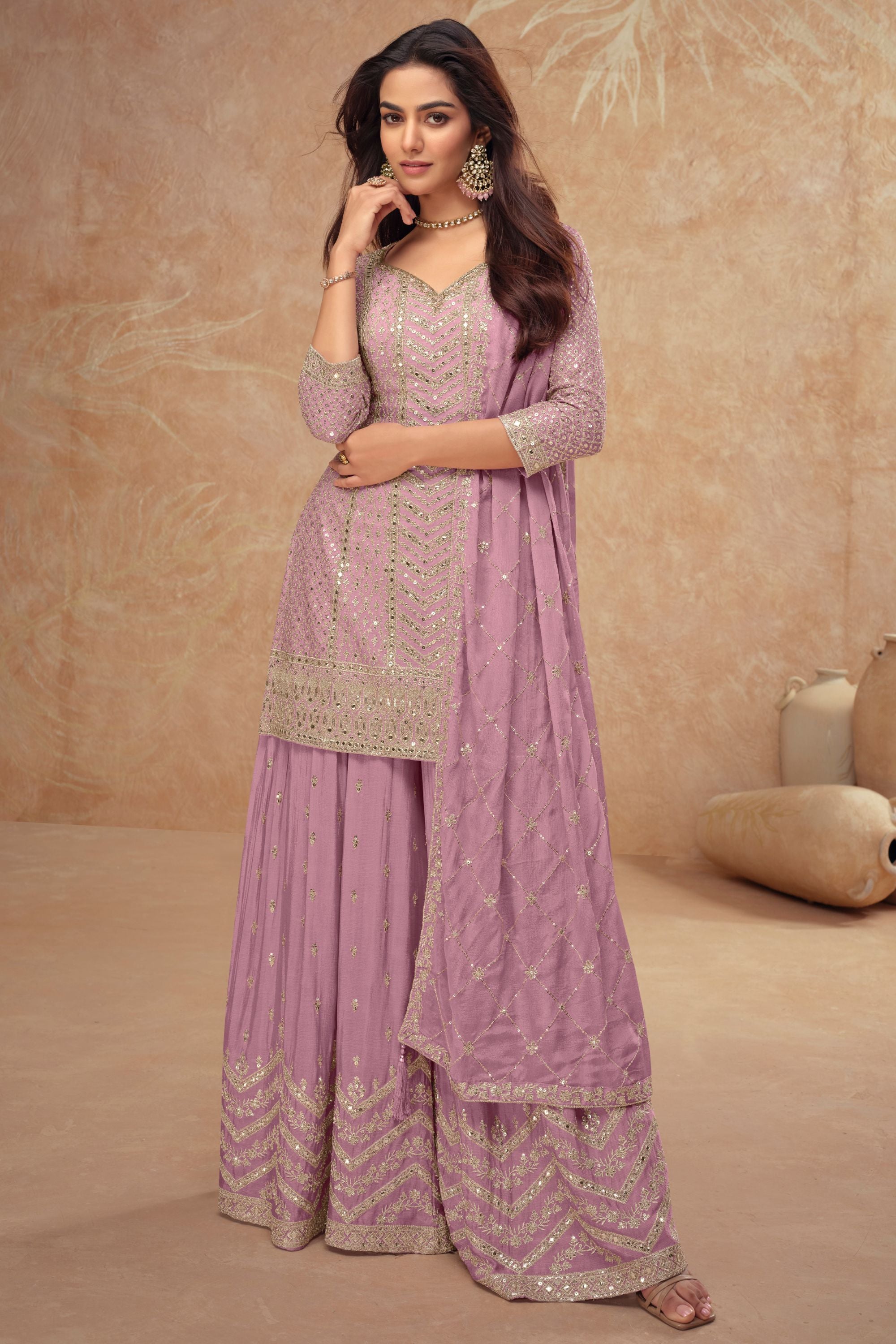 Dusty Pink Chinon Silk Plazo Suit For Indian Weddings & Pakitani Festival - Embroidery Work