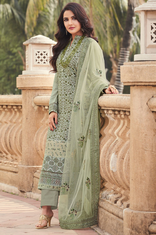 Light Olive Jacquard Kameez with Pant For Indian Suit Festivals & Pakistani Weddings - Embroidery Work