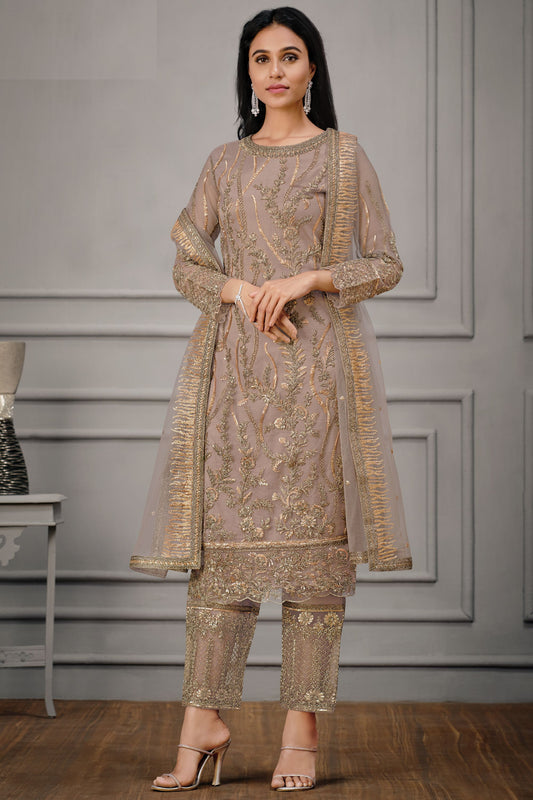 Light Brown Net Kameez with Pant For Indian Suit Festivals & Pakistani Weddings - Embroidery Work