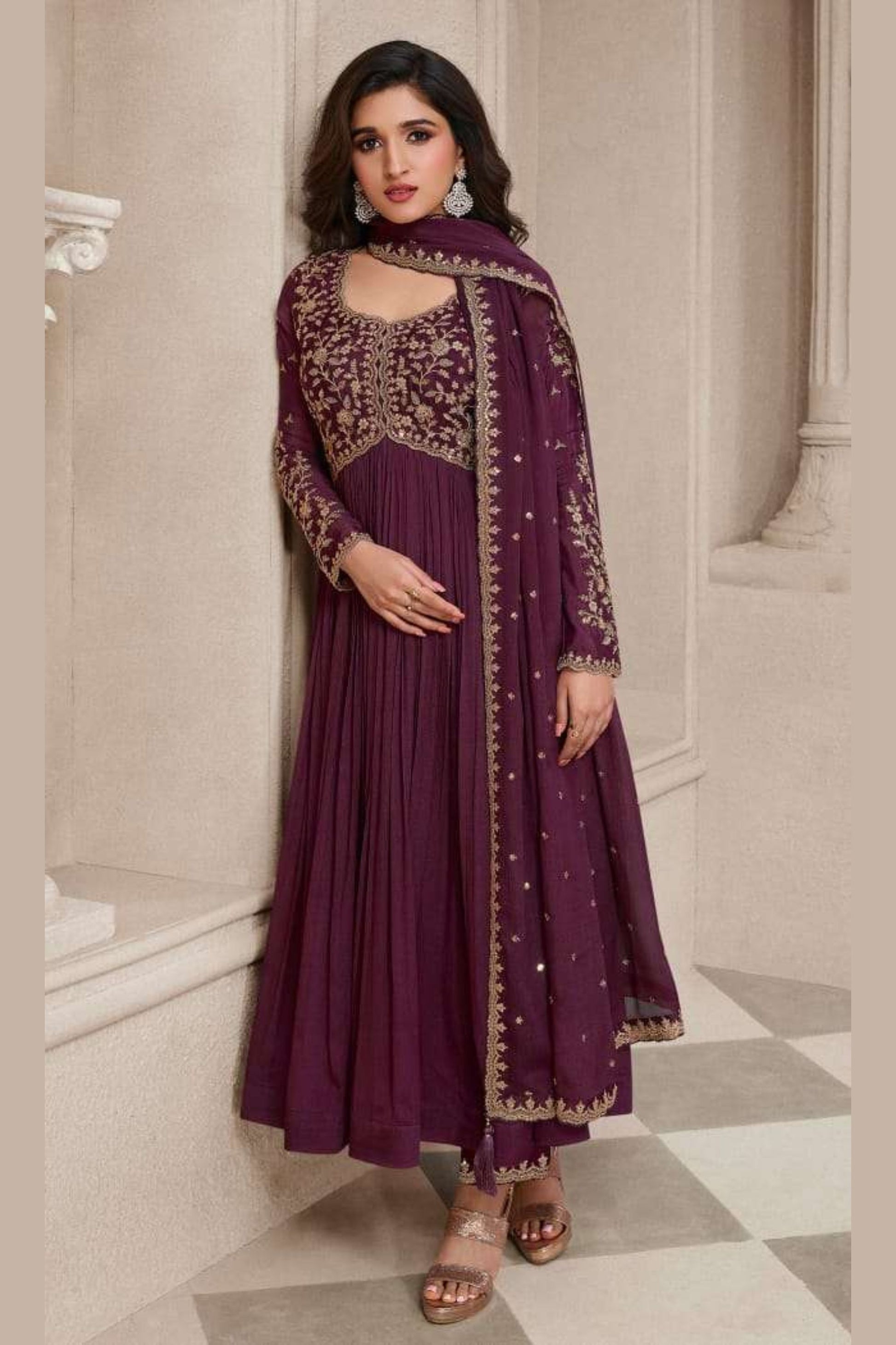 Maroon Chinon Silk Anarkali Suit For Indian Festivals & Pakistani Weddings Dress - Embroidery Work