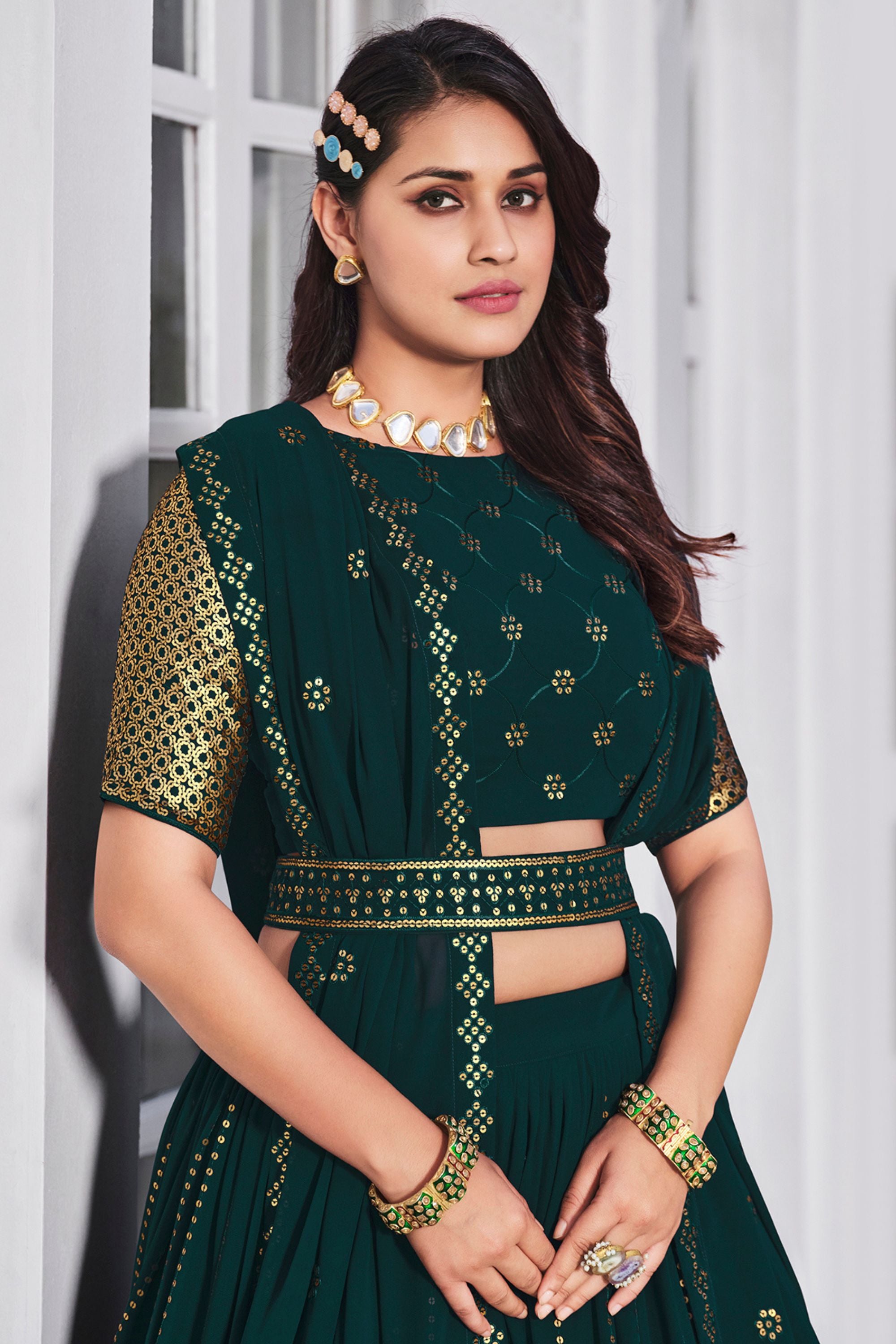 Teal Georgette Lehenga Choli Set For Indian Festivals & Weddings - Sequence Work & Thread Embroidery Work