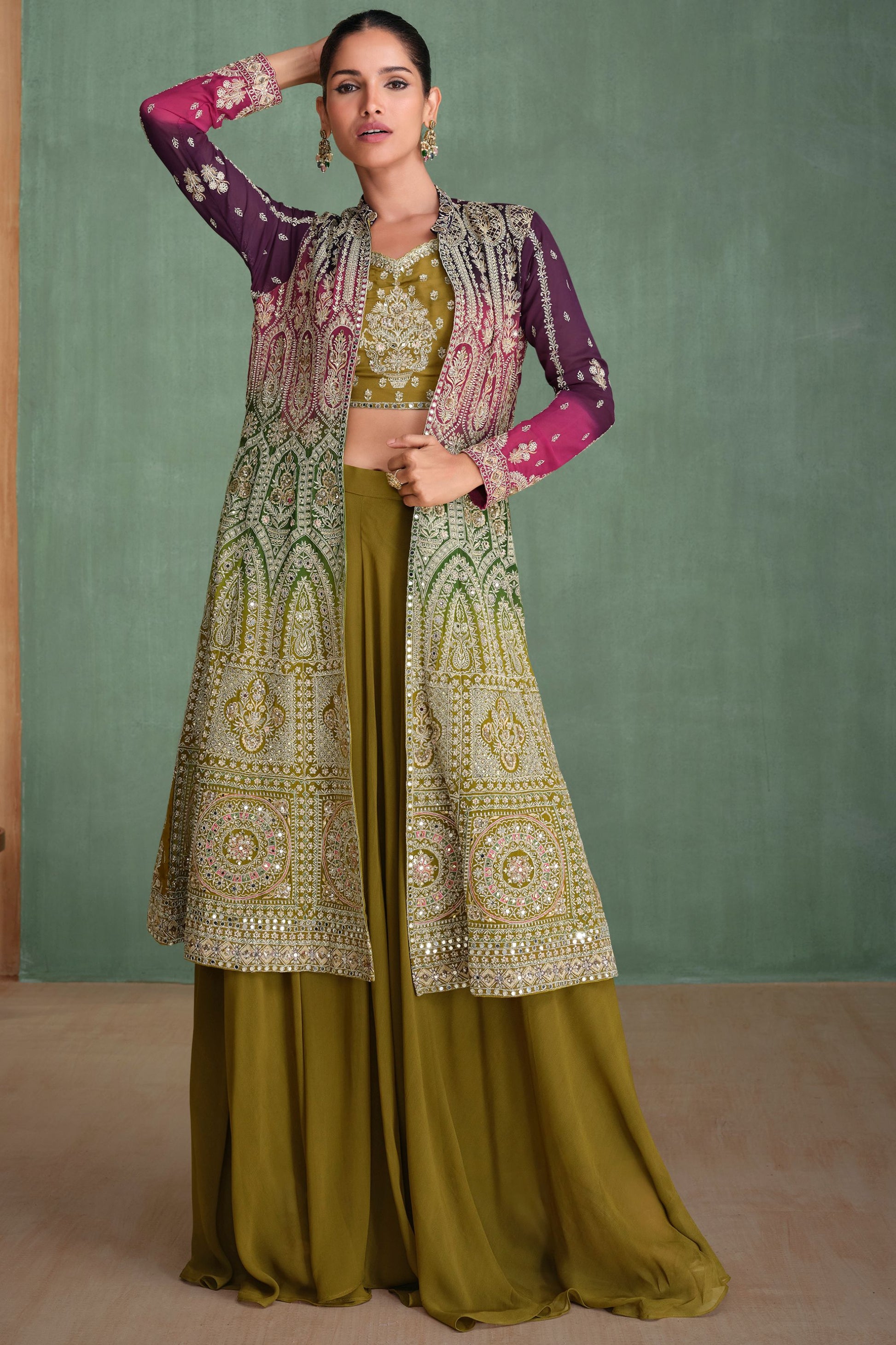 Olive Georgette Lengha For Indian Festivals & Pakistani Weddings Dress - Embroidery Work, Mirror Work