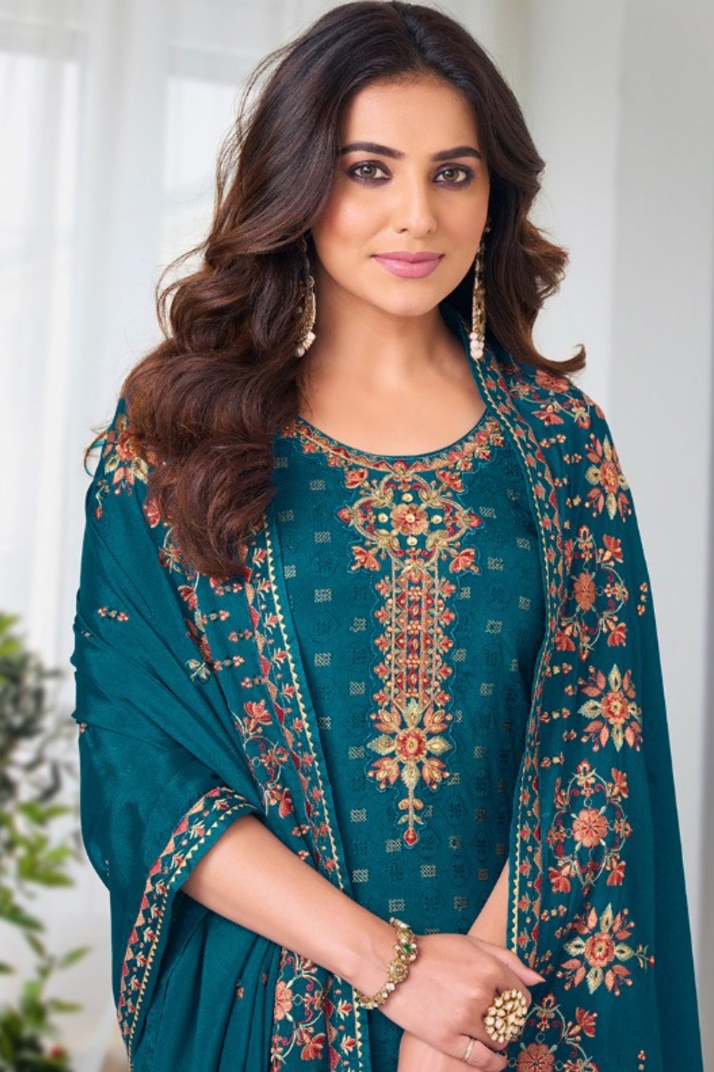 Dark Teal Georgette with Chinon Silk Kameez with Pant For Indian Suit Festivals & Pakistani Weddings - Embroidery Work