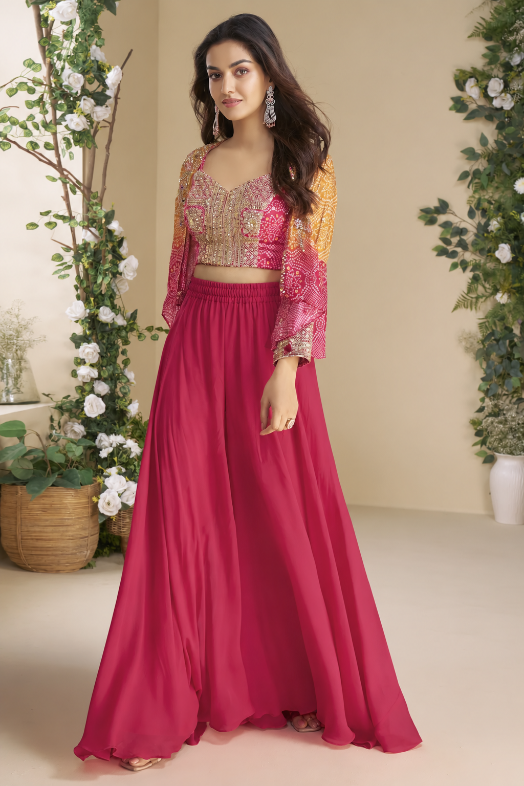 Pink Chinon Silk Palazzo Choli With Jacket For Indian & Pakistani Wedding Festival - Thread & Sequins Embroidery Work, Print Work