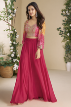 Pink Chinon Silk Palazzo Choli With Jacket For Indian & Pakistani Wedding Festival - Thread & Sequins Embroidery Work, Print Work
