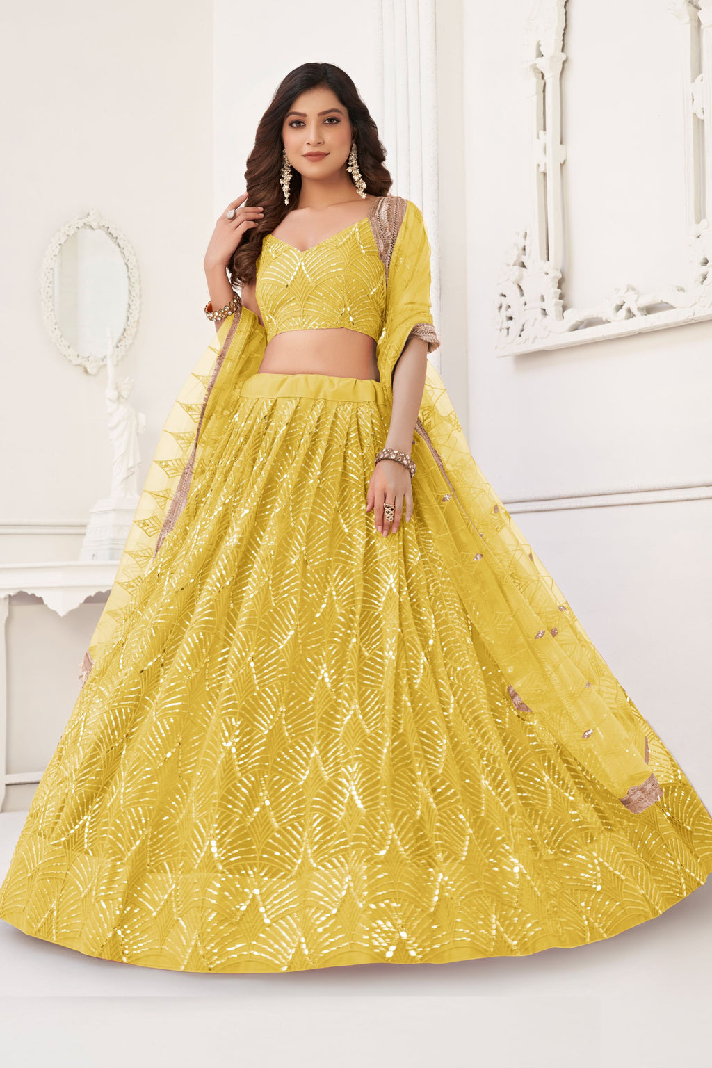 Yellow Net Embroidered Lehenga Choli For Indian Festival & Weddings - Embroidery Work