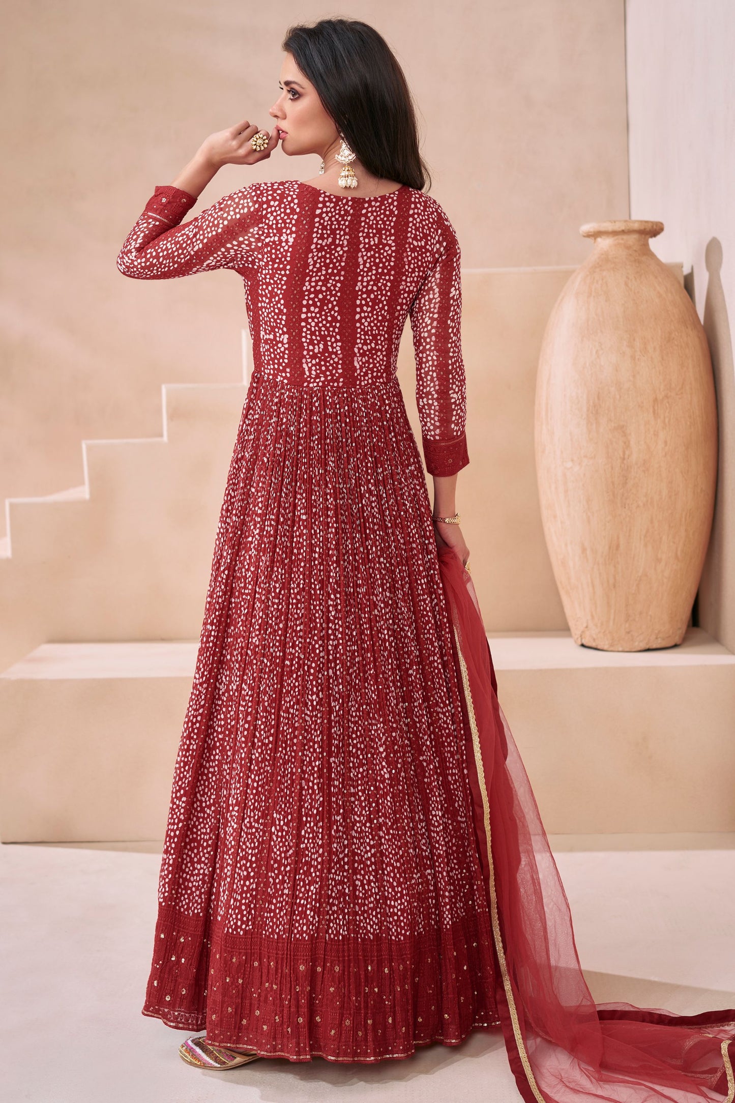 Red Georgette Floor Full Length Anarkali Suit Dress For Indian Festivals & Weddings - Embroidery Work