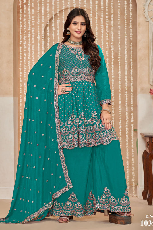 Turquoise Chinon Silk Palazzo Suit For Indian Festivals & Weddings - Embroidery Work