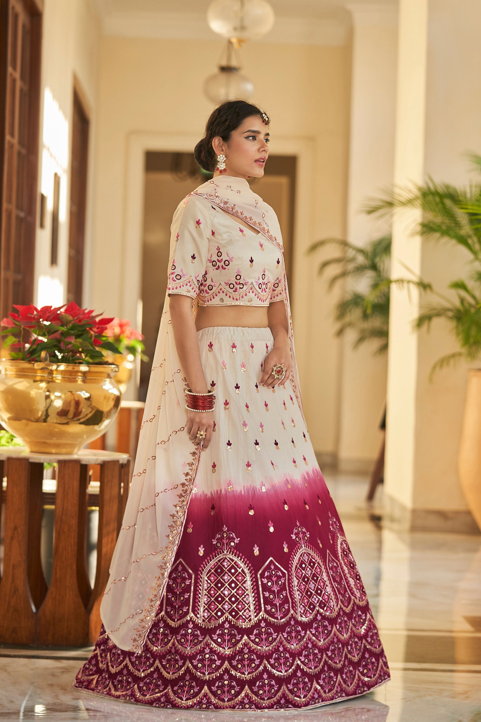 White Art Silk Lehenga Choli For Indian Festivals & Weddings - Sequence Embroidery Work, Thread Work