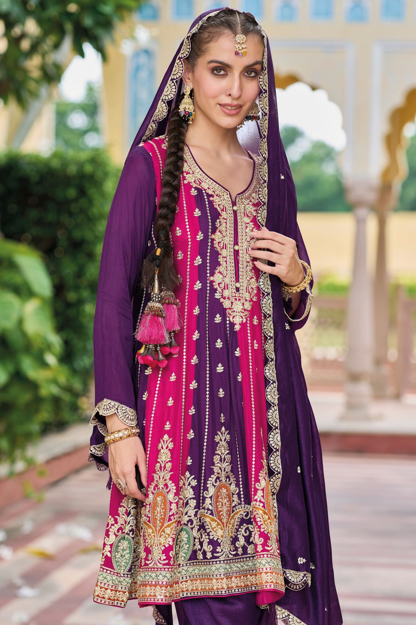 Purple Pink Silk Salwar Kameez with Pant For Indian Festivals & Weddings - Embroidery Work