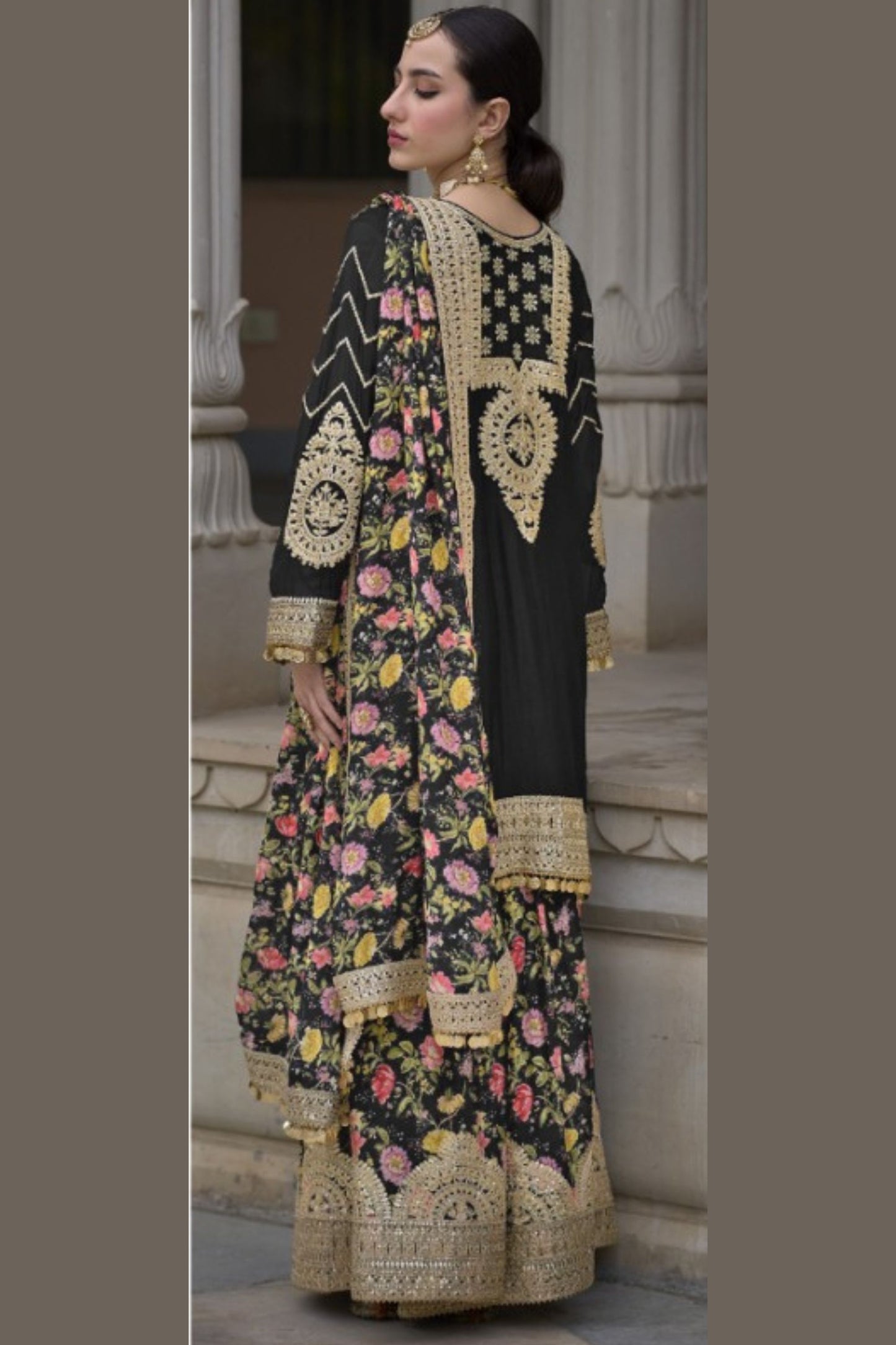 Black Chinon Silk Kameez with Plazzo And Dupatta For Indian Suit Festivals & Pakistani Weddings - Embroidery Work