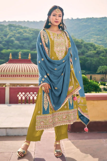 Teal Mustard Chinon Silk Salwar Kameez with Pant Suit For Indian Festivals & Weddings - Embroidery Work