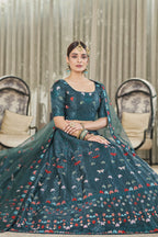 Teal Silk Lehenga Choli For Indian Weddings & Festivals - Thread Embroidery Work, Sequence Embroidery Work