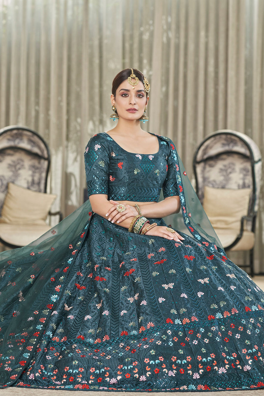 Teal Silk Lehenga Choli For Indian Weddings & Festivals - Thread Embroidery Work, Sequence Embroidery Work