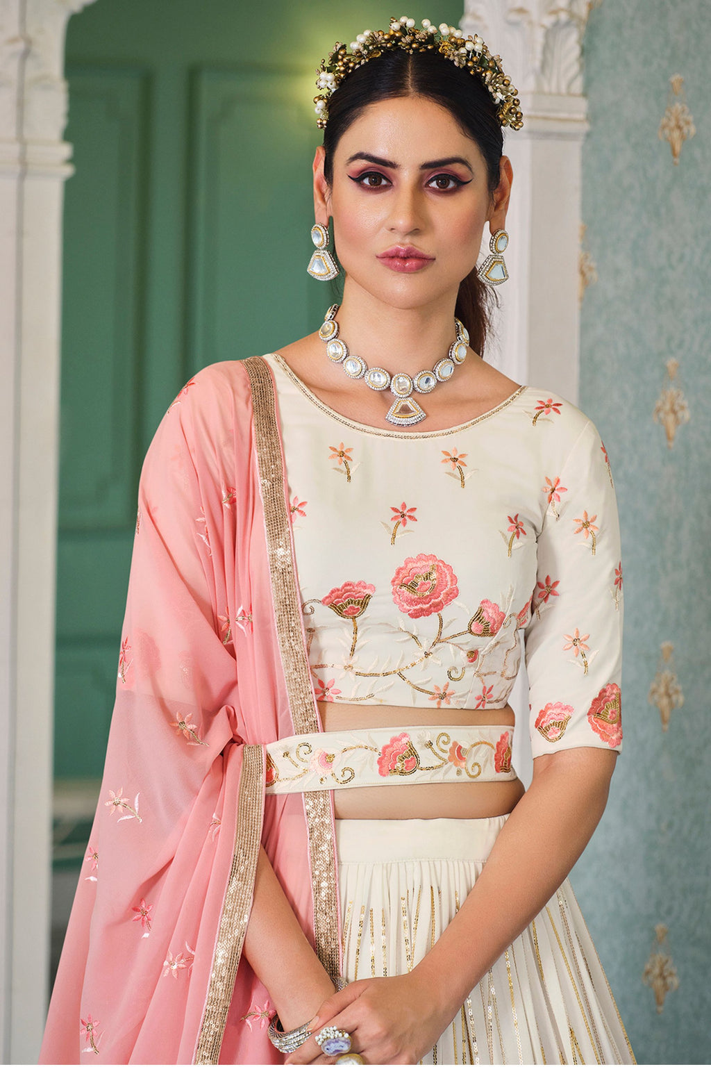 Purple Georgette Lehenga Choli Set For Indian Festivals & Weddings - Thread & Sequence Embroidery Work,