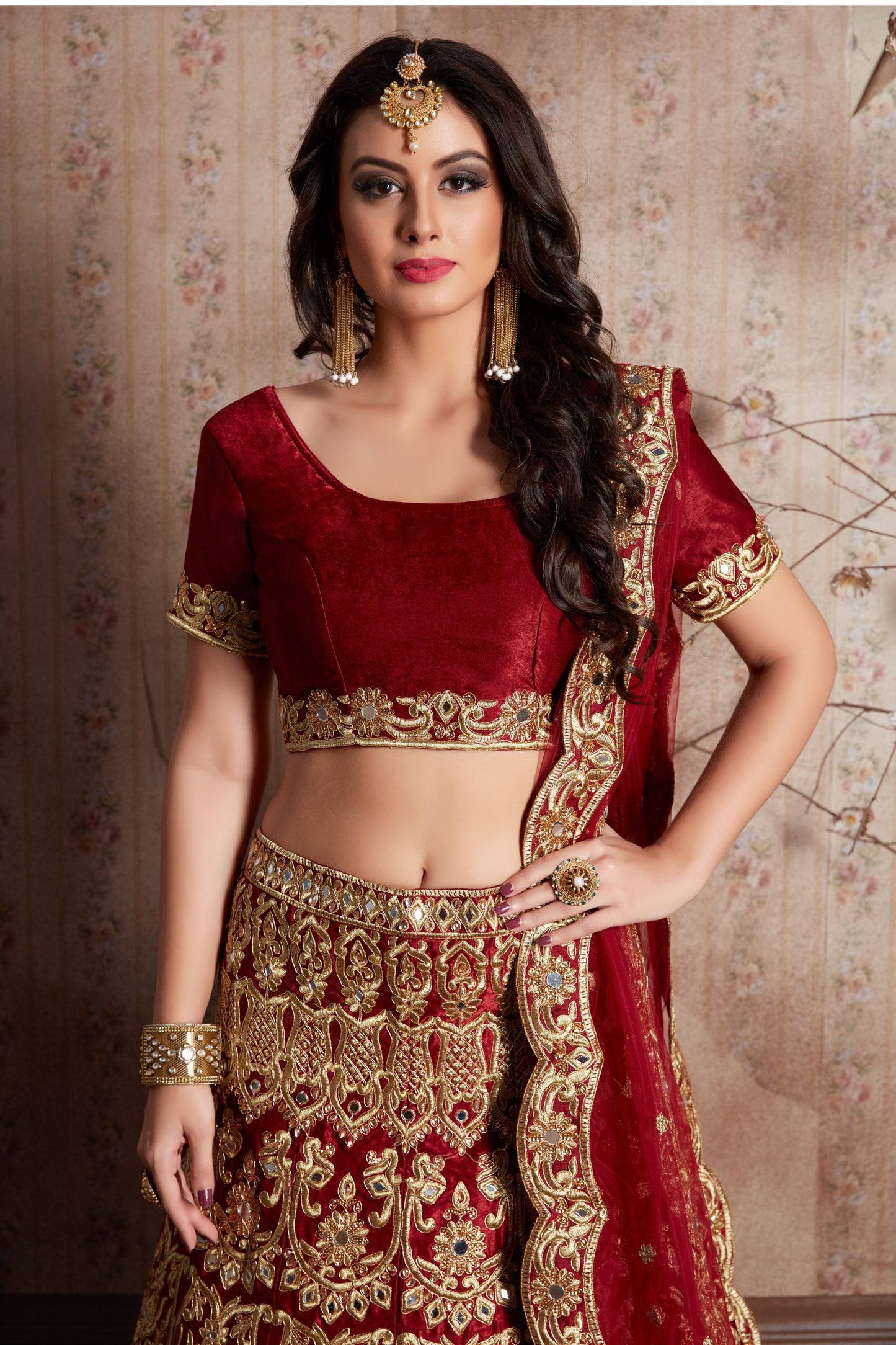 Maroon Velvet Silk Lehenga Choli For Indian Festival & Weddings - , Mirror Work, Zari Work, Dori Work