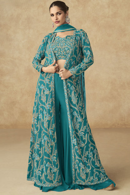 Teal Georgette Palazzo with Choli & Jacket For Wedding & Indian Festival - Embroidery Work