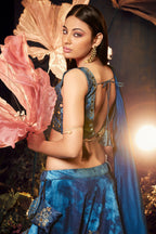 Blue Printed Velvet Lehenga Choli For Indian Festivals & Weddings - Print Work, Sequence Embroidery Work, Mirror Work