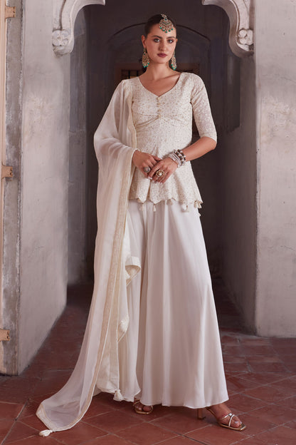 Off White Georgette Long Top Palazzo Suit For Indian Festivals & Weddings - Thread & Sequence Embroidery Work, Zari Work