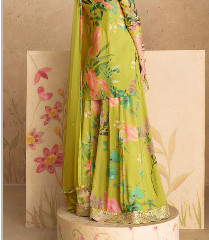 Green Chinon Silk Flower Printed Plazo Suit for Indian Partywear & Weddings - Print Work, Embroidery Work