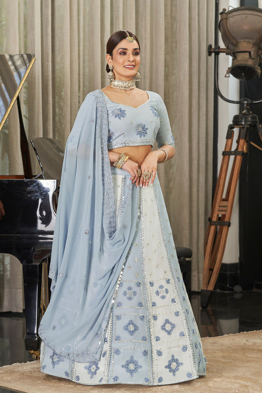 Light Blue Georgette Lehenga Choli For Indian Weddings & Festivals - Thread Work, Sequence Embroidery Work