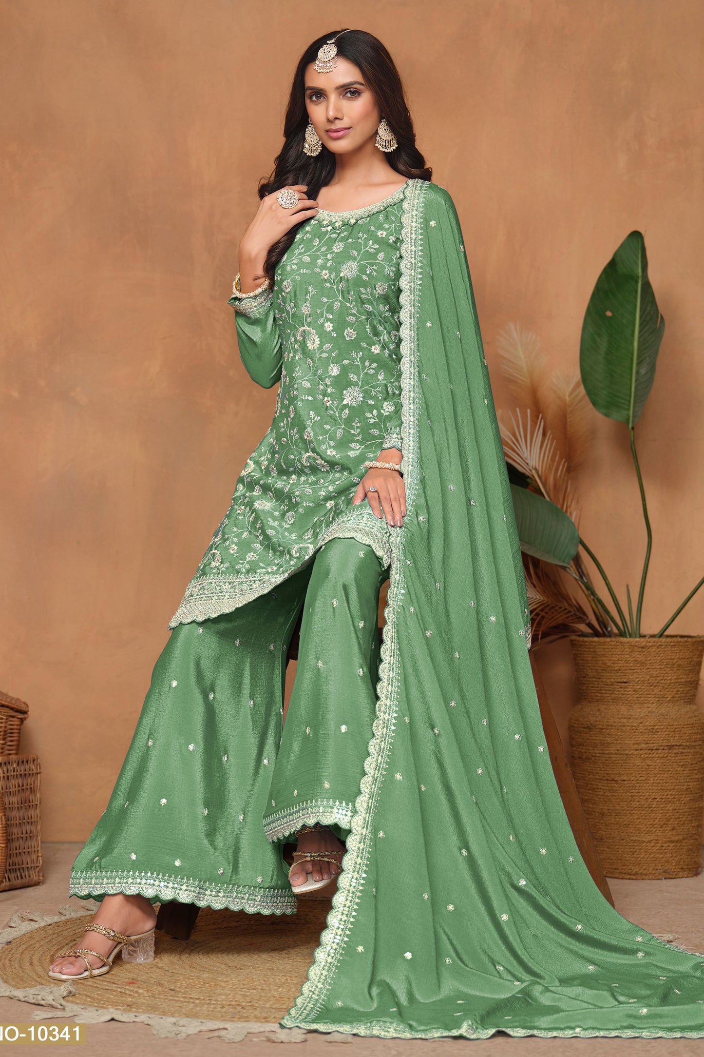 Green Chinon Silk Palazzo Suit For Indian Festivals & Weddings - Embroidery Work