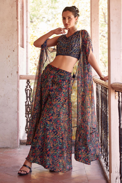 Blue Georgette Sharara Choli For Indian Festivals & Weddings - Thread Embroidery Work, Hand Embellishment, Mirror Work