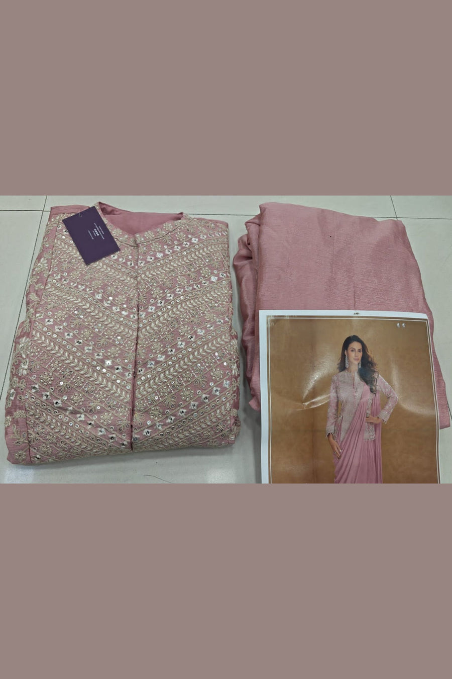 Pink Jacket with Draped Saree in Chinon Silk with Thread and Sequins Work