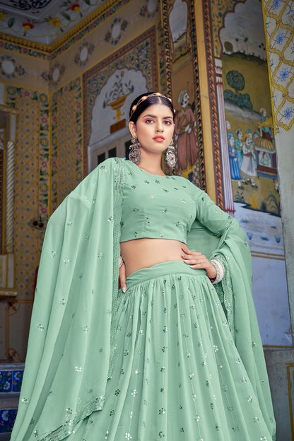Pista Georgette Lehenga Choli Set For Indian Festivals & Weddings - Thread Work & Sequence Embroidery Work