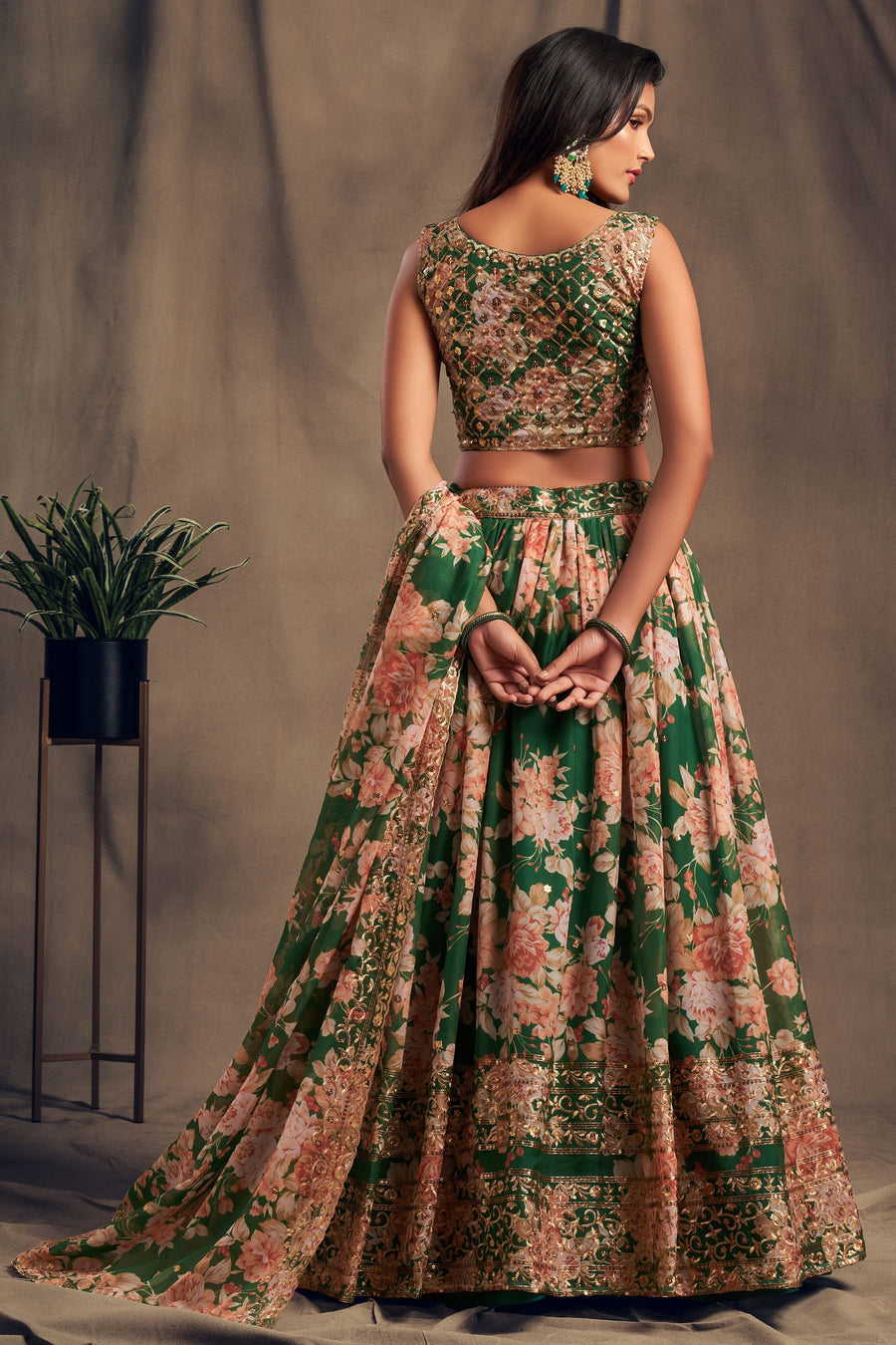 Green Organza Lehenga Choli For Indian Festival & Weddings - Embroidery Work, Print Work