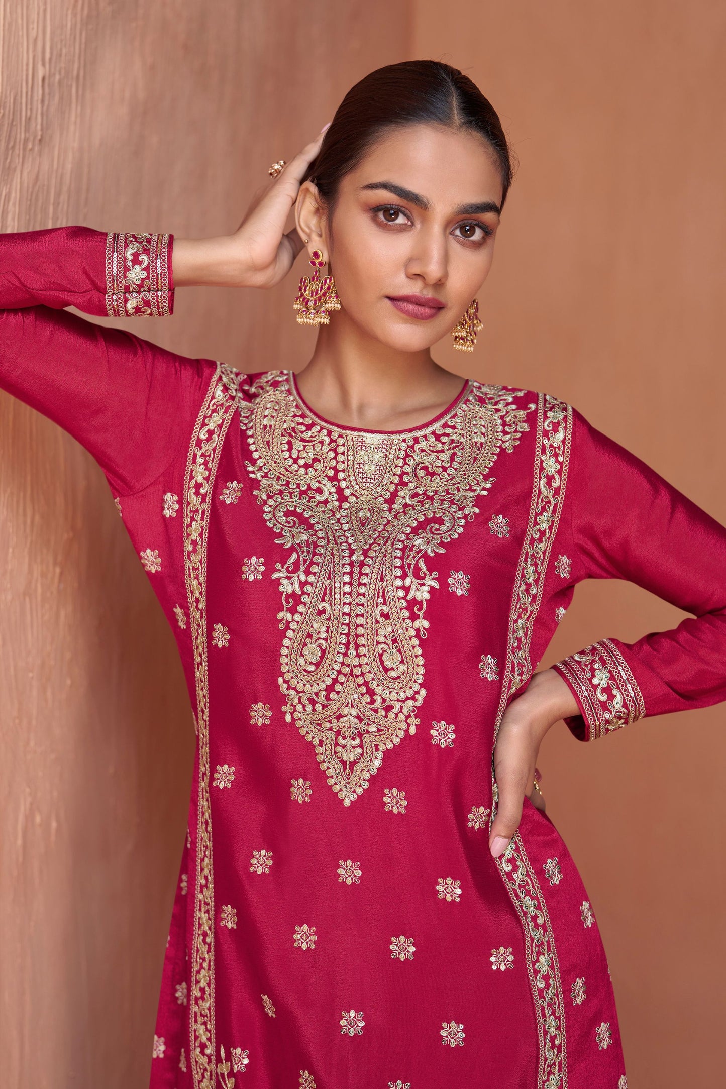 Red Chinon Silk Plazo Suits For Indian Festivals & Pakistani Weddings - Embroidery Work