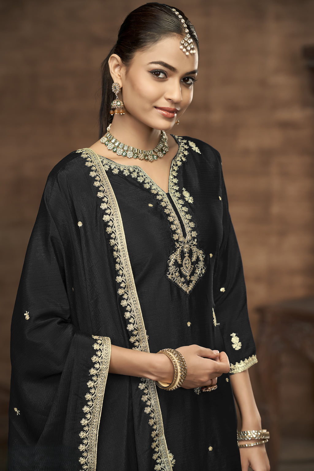 Black Chinon Silk Palazzo Suit For Indian Wedding & Pakistani Festival - Embroidery Work