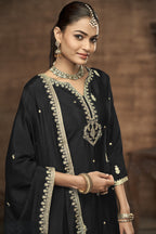 Black Chinon Silk Palazzo Suit For Indian Wedding & Pakistani Festival - Embroidery Work