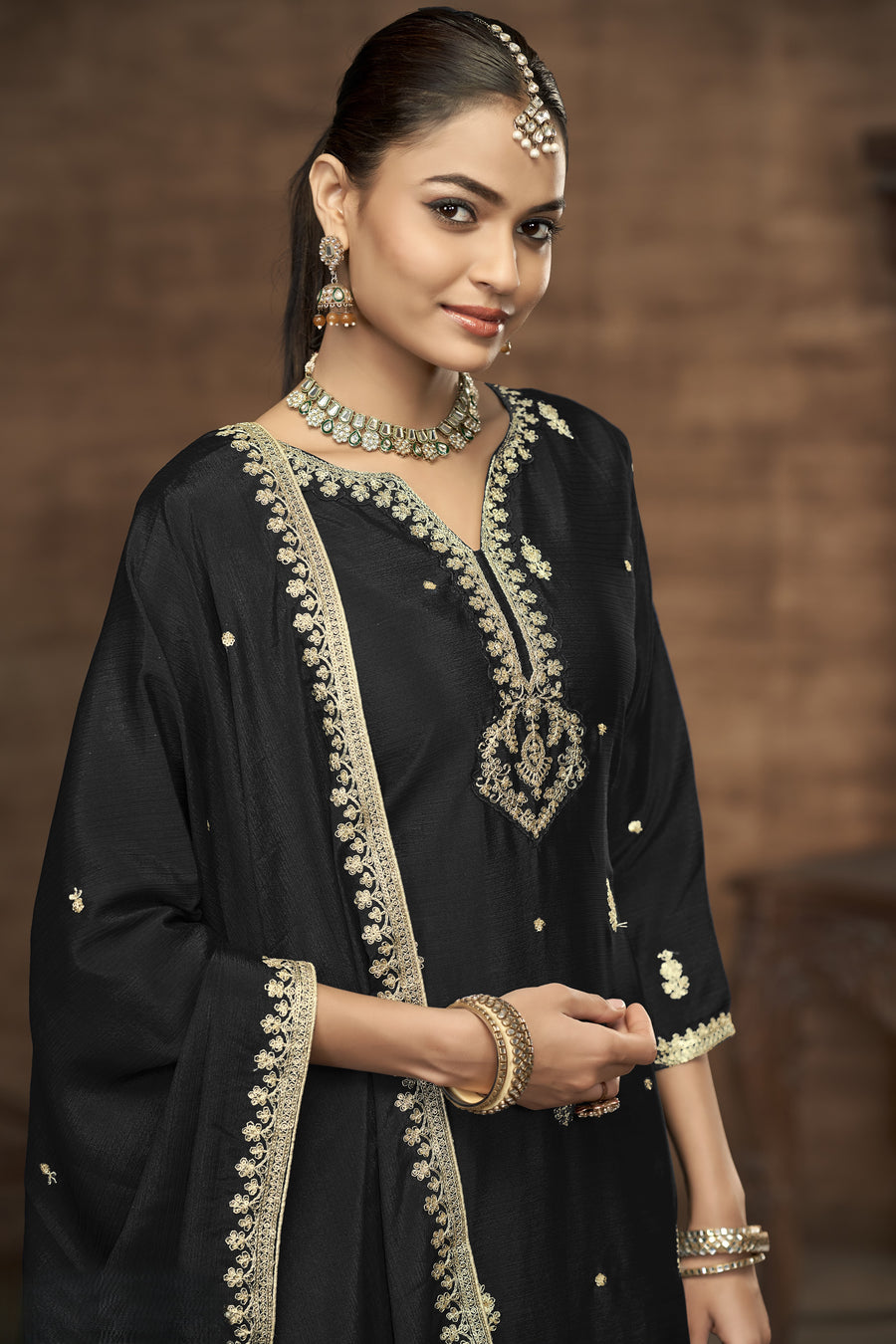 Black Chinon Silk Palazzo Suit For Indian Wedding & Pakistani Festival - Embroidery Work