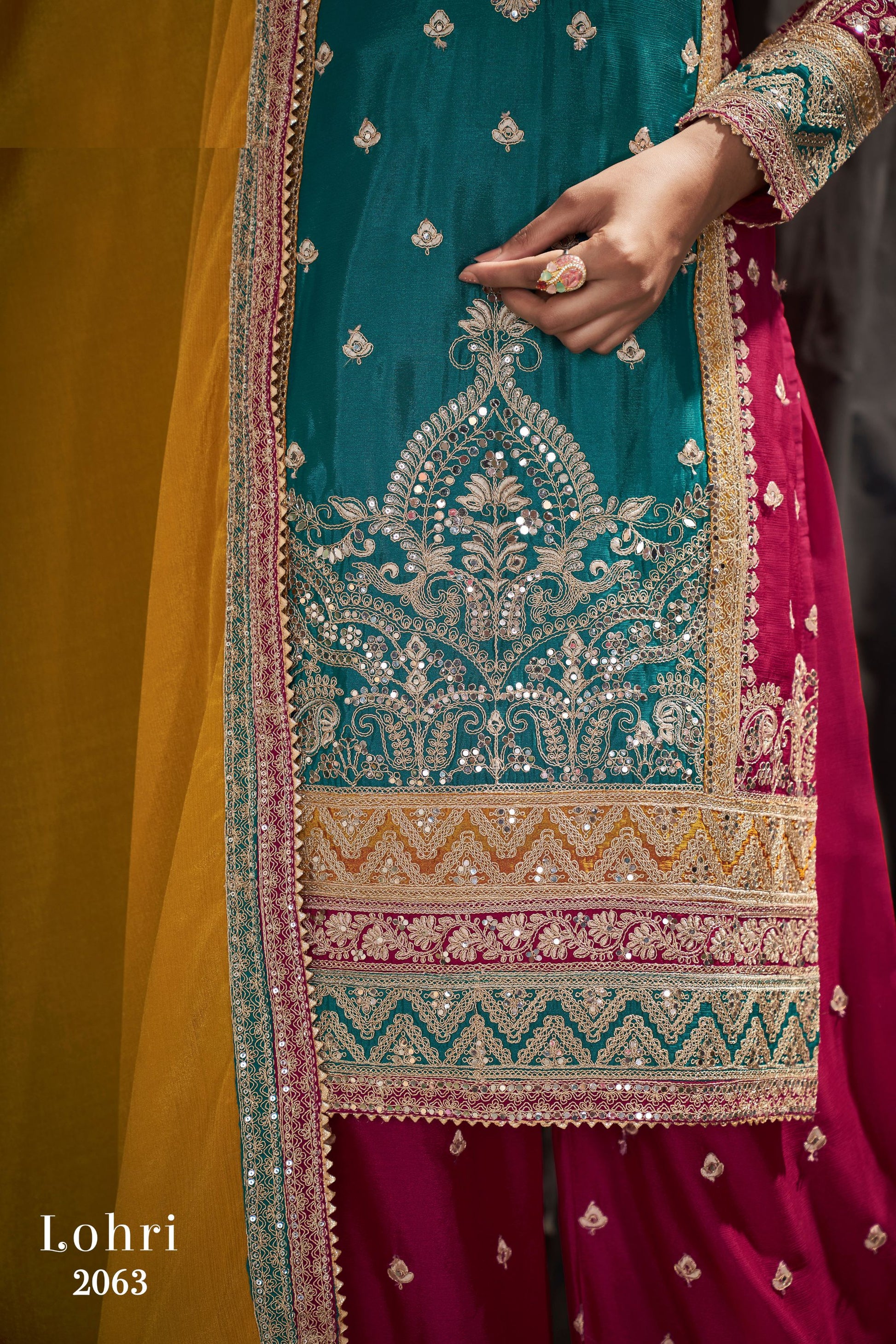 Turquoise Chinon Silk Plazo Suit For Indian Festivals & Weddings - Sequence Embroidery Work, Mirror Work