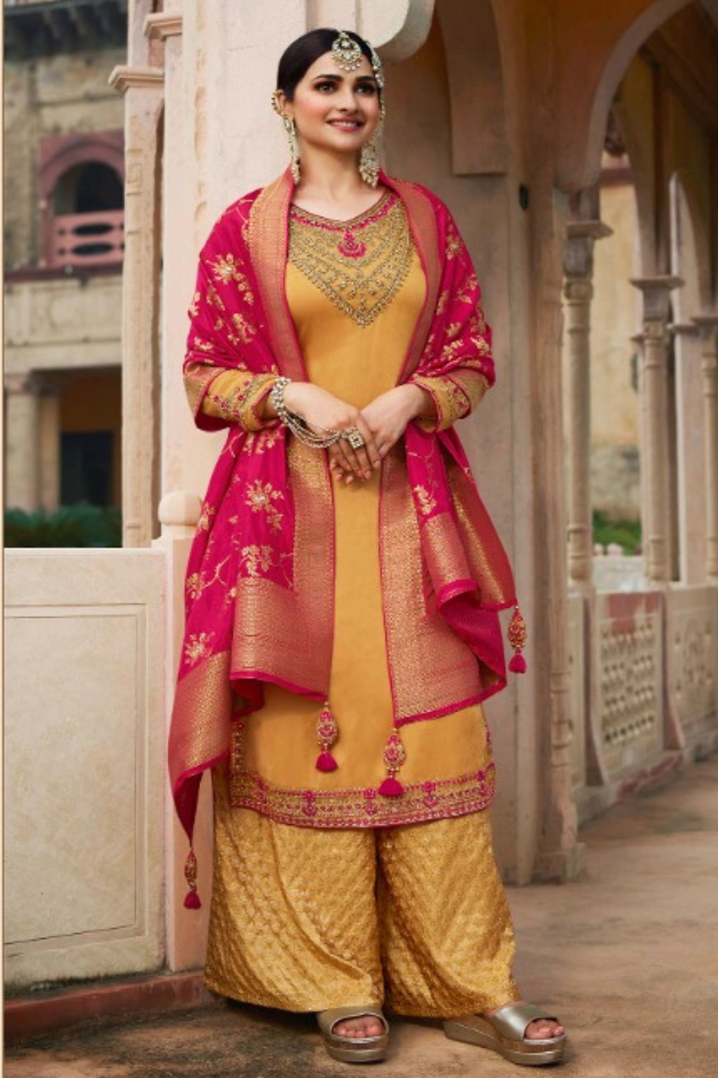 Yellow Georgette Silk Plus Size Upto 9XL Size Kameez and Palazzo Suit For Indian Wedding & Festival - Embroidery Work