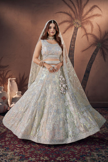 Off White Net Lehenga Choli For Indian Festivals & Wedding - Zarkan Work, Sequence Embroidery Work, Khatli Work, Cut Work