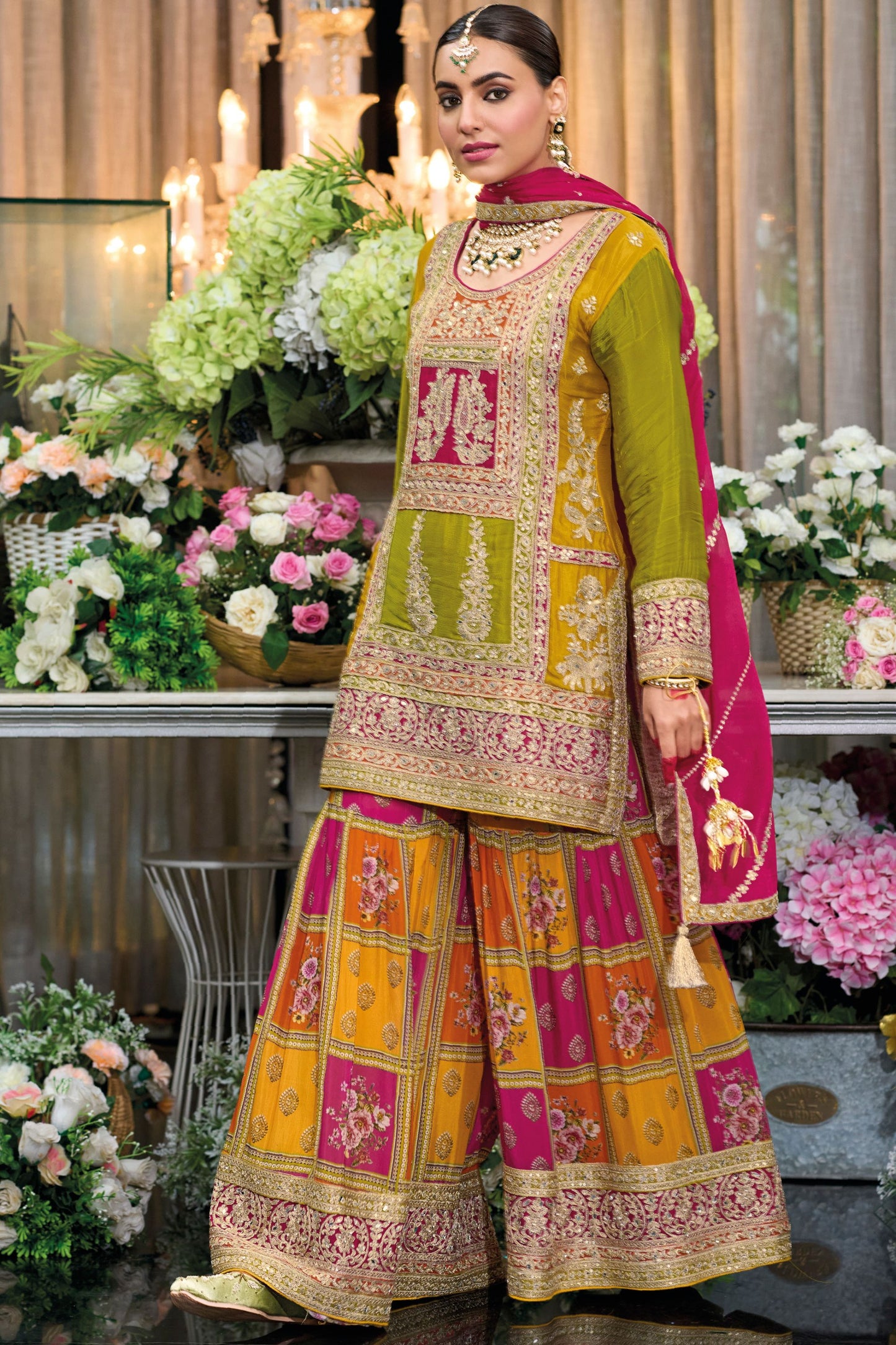 Olive Chinon Silk Kameez with Plazo For Indian Festivals & Weddings - Embroidery Work