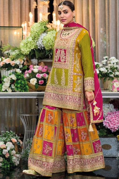 Olive Chinon Silk Kameez with Plazo For Indian Festivals & Weddings - Embroidery Work